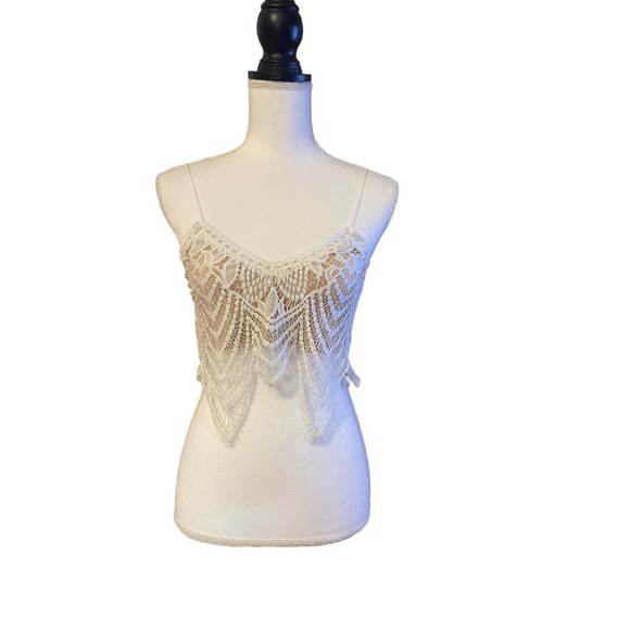 Signature 8 ivory cropped crochet spaghetti strap top size Small - Picture 3 of 13